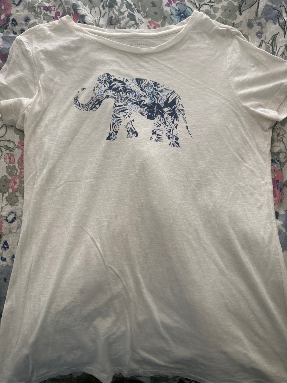 Women’s White Graphic Tee with Blue Floral Elephant